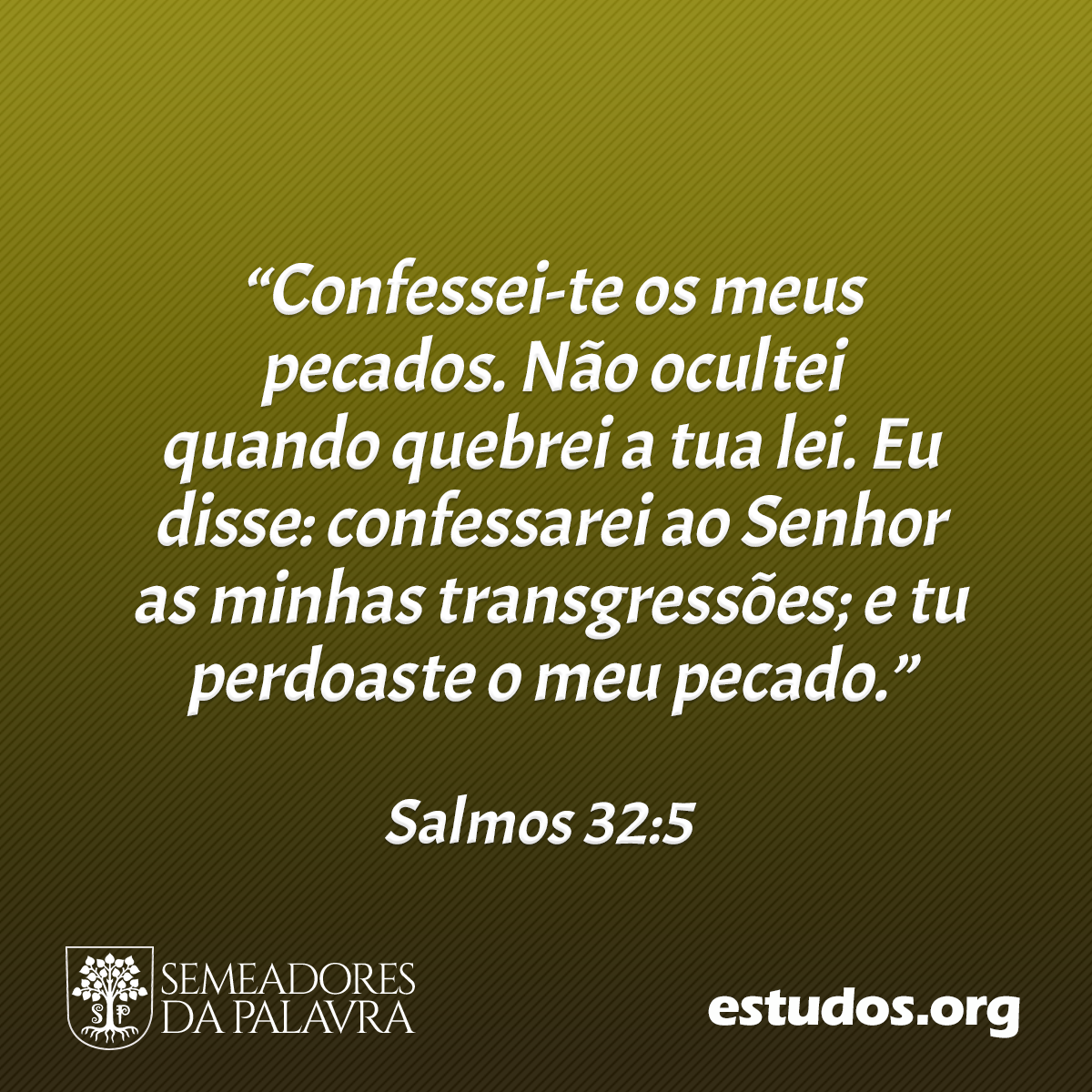 “Confessei-te os meus pecados. Não ocultei quando quebrei a tua lei. Eu disse: confessarei ao Senhor as minhas transgressões; e tu perdoaste o meu pecado.” (Salmos 32:5)