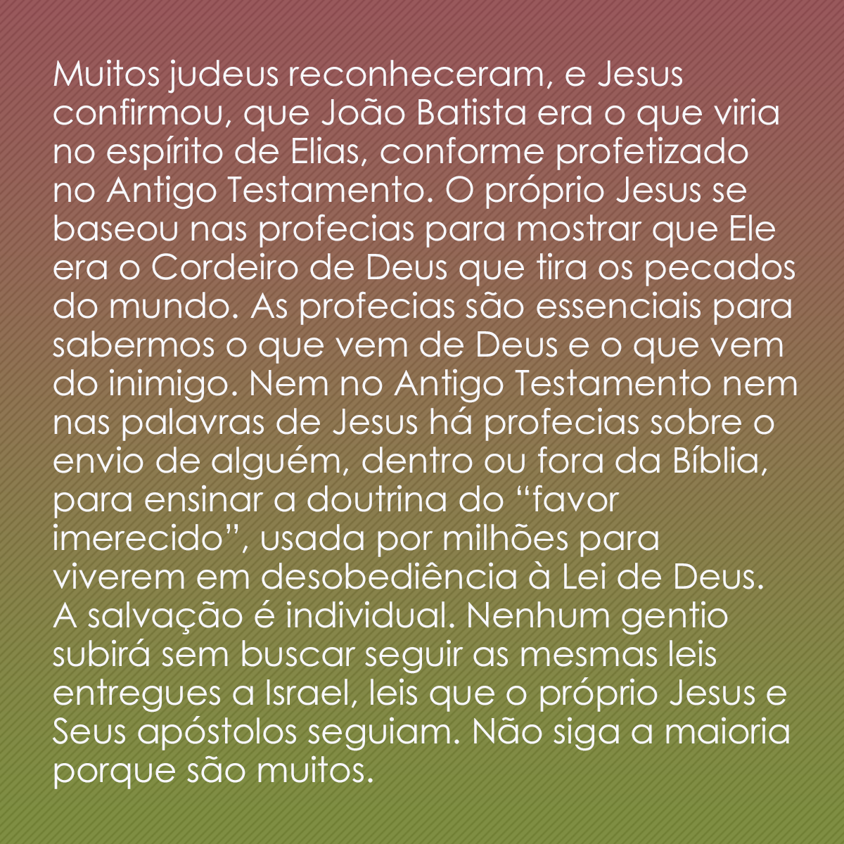 Muitos judeus reconheceram, e Jesus confirmou, que João Batista era o que viria no espírito de Elias, conforme profetizado no Antigo Testamento. O próprio Jesus se baseou nas profecias para mostrar que Ele era o Cordeiro de Deus que tira os pecados do mundo. As profecias são essenciais para sabermos o que vem de Deus e o que vem do inimigo. Nem no Antigo Testamento nem nas palavras de Jesus há profecias sobre o envio de alguém, dentro ou fora da Bíblia, para ensinar a doutrina do “favor imerecido”, usada por milhões para viverem em desobediência à Lei de Deus. A salvação é individual. Nenhum gentio subirá sem buscar seguir as mesmas leis entregues a Israel, leis que o próprio Jesus e Seus apóstolos seguiam. Não siga a maioria porque são muitos. 