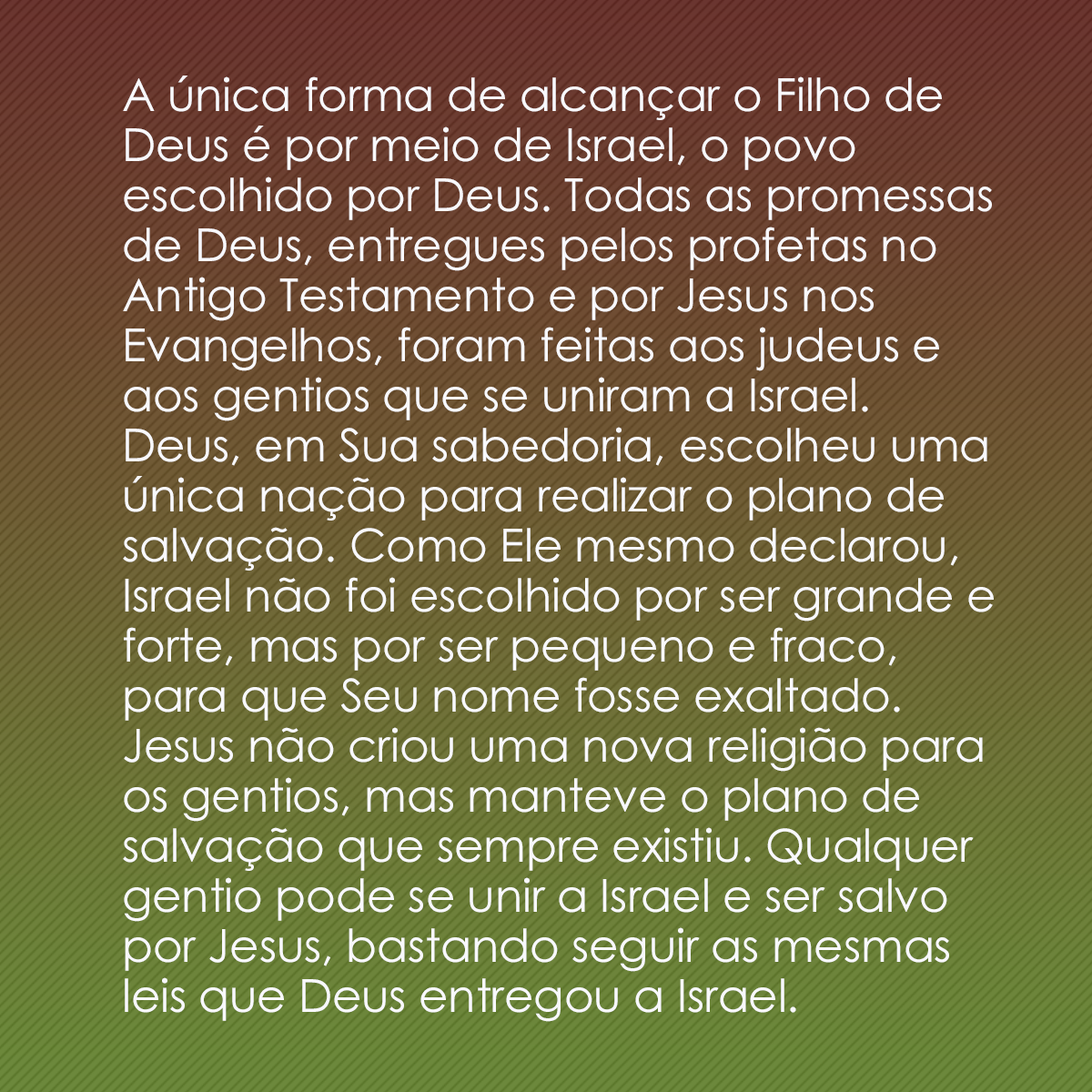 A única forma de alcançar o Filho de Deus é por meio de Israel, o povo escolhido por Deus. Todas as promessas de Deus, entregues pelos profetas no Antigo Testamento e por Jesus nos Evangelhos, foram feitas aos judeus e aos gentios que se uniram a Israel. Deus, em Sua sabedoria, escolheu uma única nação para realizar o plano de salvação. Como Ele mesmo declarou, Israel não foi escolhido por ser grande e forte, mas por ser pequeno e fraco, para que Seu nome fosse exaltado. Jesus não criou uma nova religião para os gentios, mas manteve o plano de salvação que sempre existiu. Qualquer gentio pode se unir a Israel e ser salvo por Jesus, bastando seguir as mesmas leis que Deus entregou a Israel.