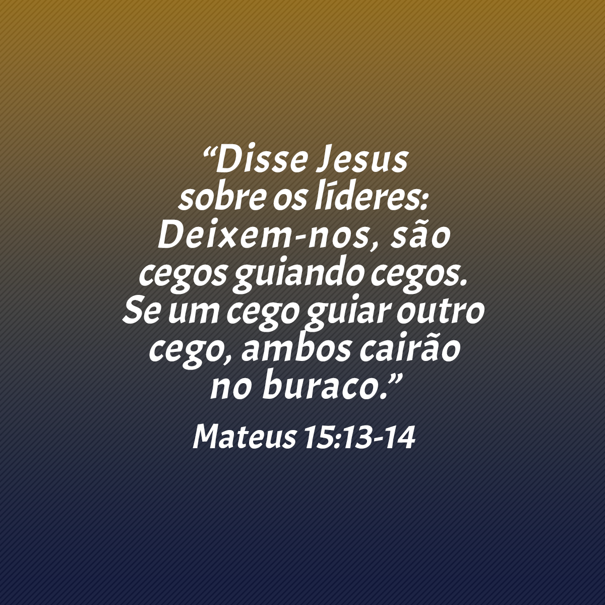 “Disse Jesus sobre os líderes: Deixem-nos, são cegos guiando cegos. Se um cego guiar outro cego, ambos cairão no buraco.” (Mateus 15:13-14)