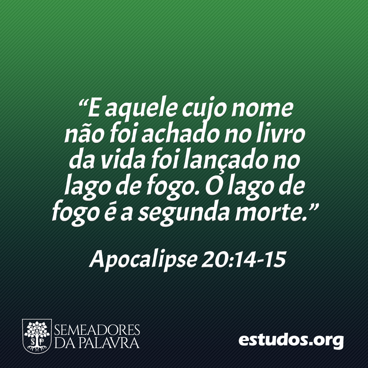 “E aquele cujo nome não foi achado no livro da vida foi lançado no lago de fogo. O lago de fogo é a segunda morte.” (Apocalipse 20:14-15)