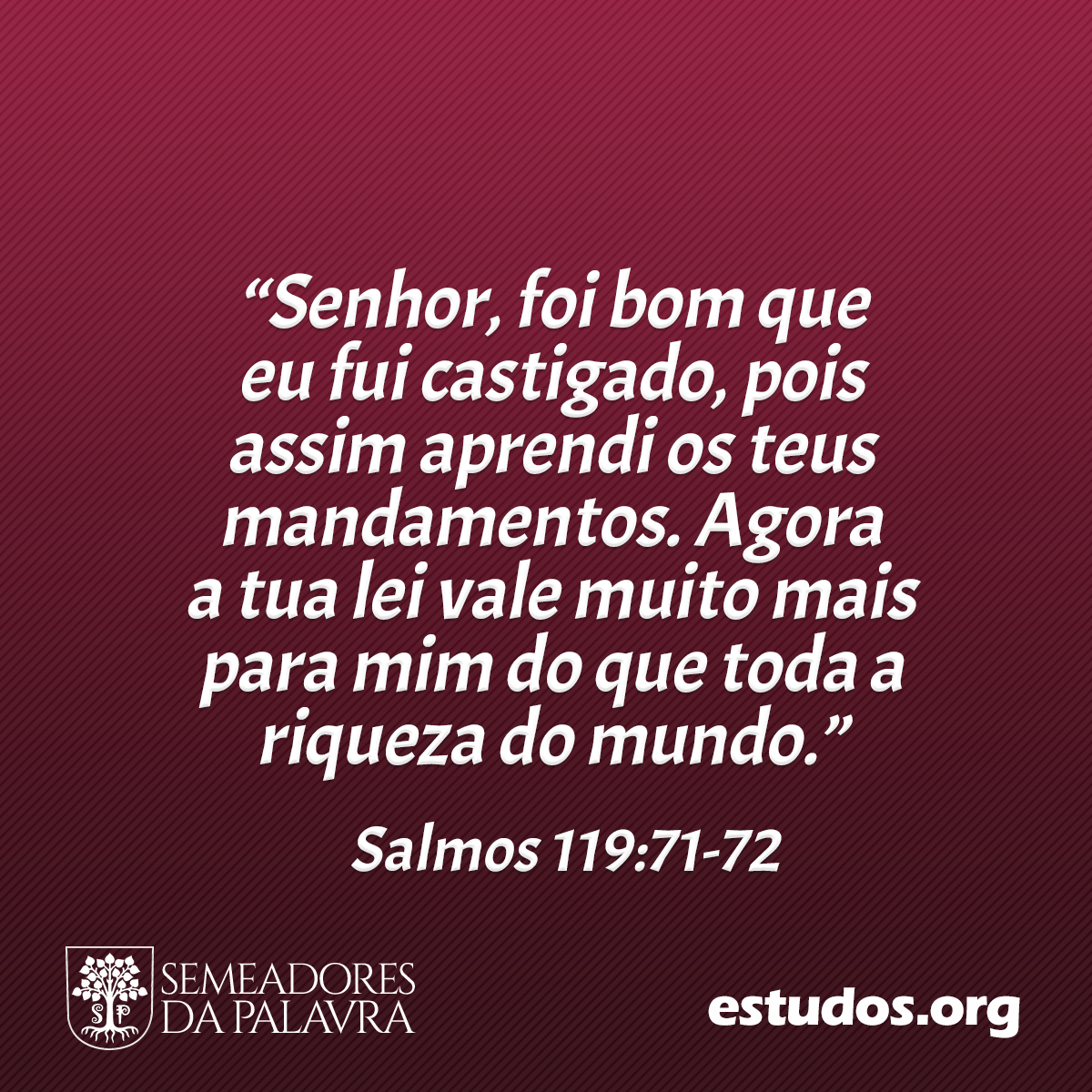 “Senhor, foi bom que eu fui castigado, pois assim aprendi os teus mandamentos. Agora a tua lei vale muito mais para mim do que toda a riqueza do mundo.” (Salmos 119:71-72)