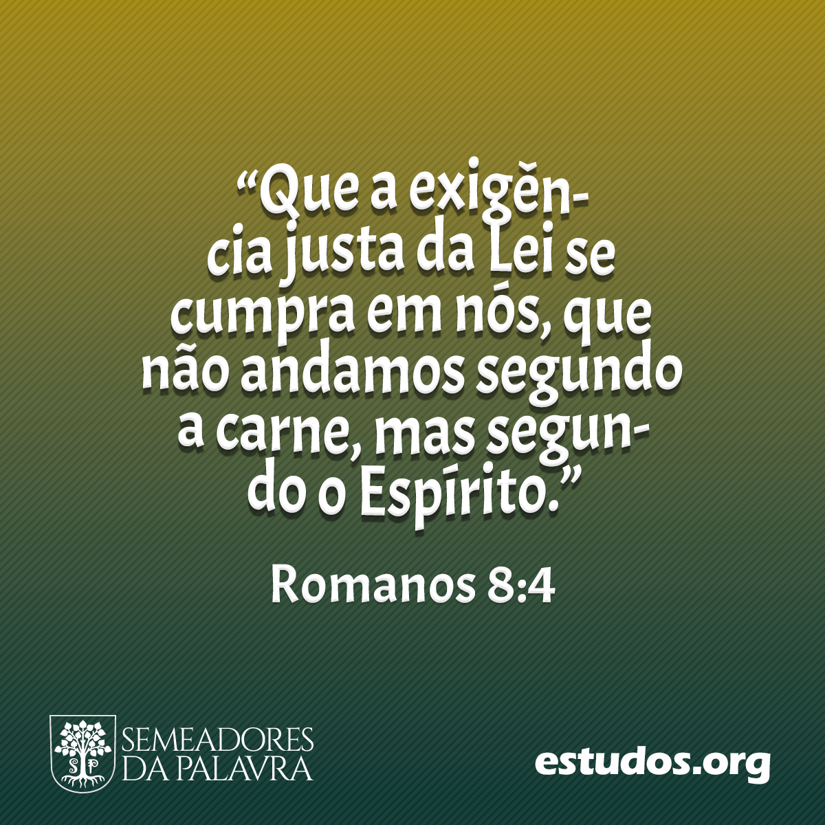 “Que a exigência justa da Lei se cumpra em nós, que não andamos segundo a carne, mas segundo o Espírito.” (Romanos 8:4)