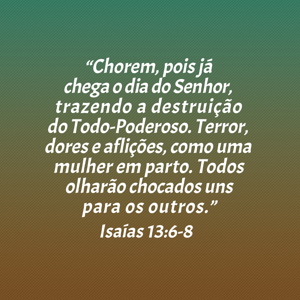 “Chorem, pois já chega o dia do Senhor, trazendo a destruição do Todo-Poderoso. Terror, dores e aflições, como uma mulher em parto. Todos olharão chocados uns para os outros.” (Isaías 13:6-8)