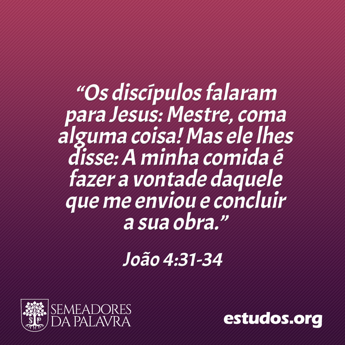 “Os discípulos falaram para Jesus: Mestre, coma alguma coisa! Mas ele lhes disse: A minha comida é fazer a vontade daquele que me enviou e concluir a sua obra.” (João 4:31-34)