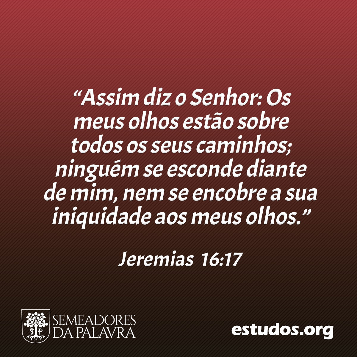 “Assim diz o Senhor: Os meus olhos estão sobre todos os seus caminhos; ninguém se esconde diante de mim, nem se encobre a sua iniquidade aos meus olhos.” (Jeremias  16:17)