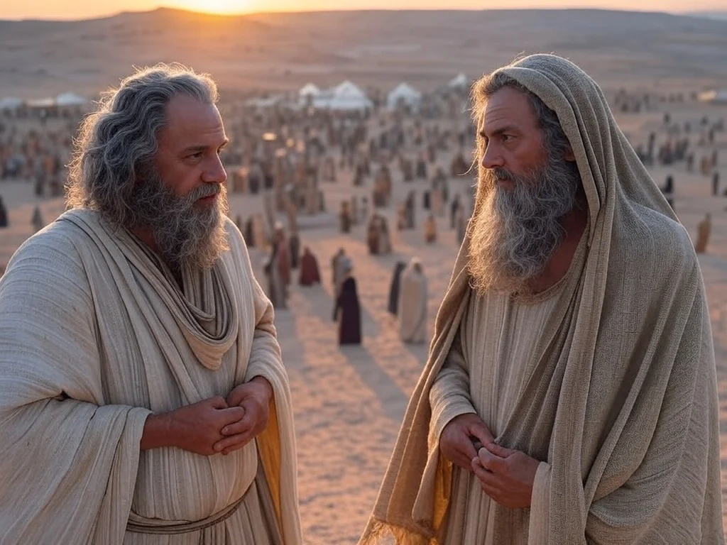Moisés e Arão falando sobre a lei de Deus no deserto enquanto os israelitas os observam.