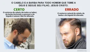 Dois homens lado a lado mostrando a forma correta e incorreta de manter a barba e o cabelo de acordo com o mandamento de Deus conforme descrito nas Escrituras.