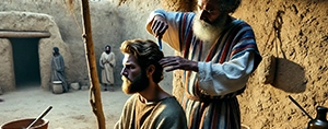 Barbeiro israelita antigo cortando cabelo e barba de acordo com o mandamento de Deus nas Escrituras.