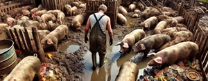 Fazendeiro cuidando de porcos em um chiqueiro sujo e não se importando que a Lei de Deus proibe comer alimentos impuros