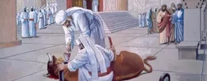 Um sacerdote na antiga Jerusalém sacrificando um animal do templo